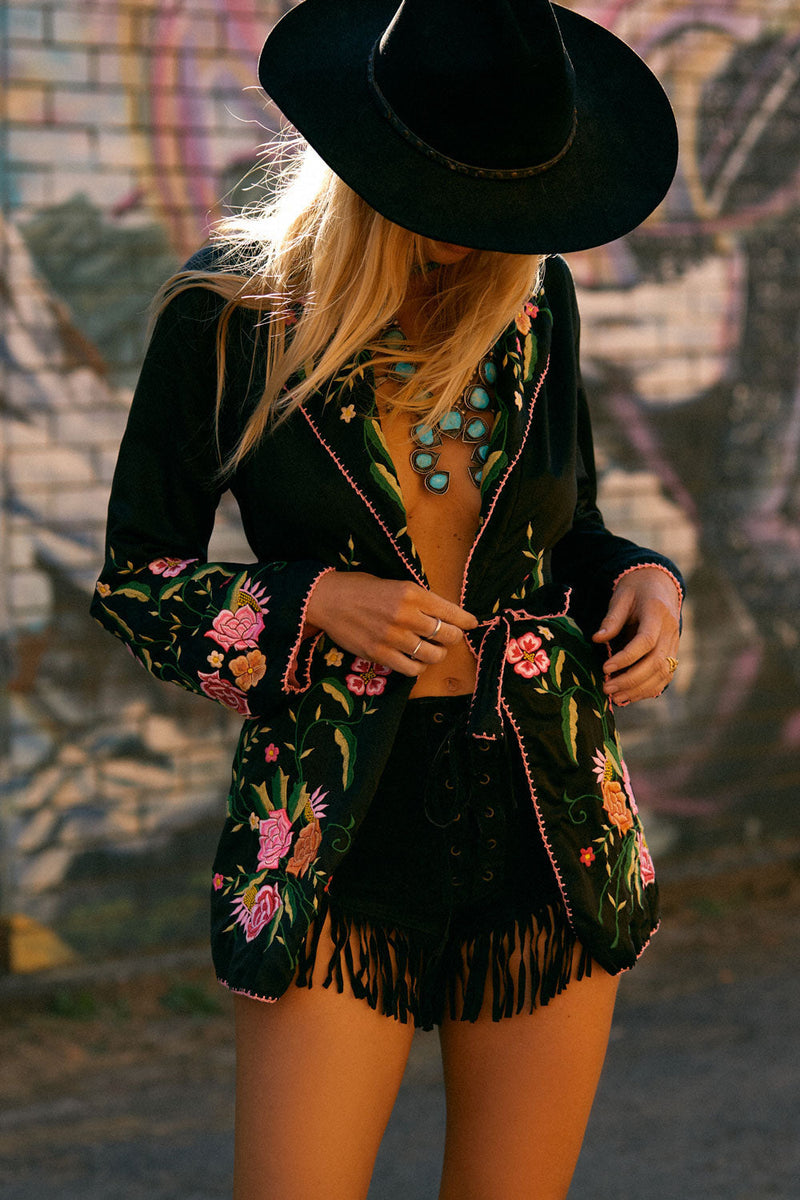 The Best Of My Love Silk + Embroidered Smoking Jacket - Black - Chasing Unicorns