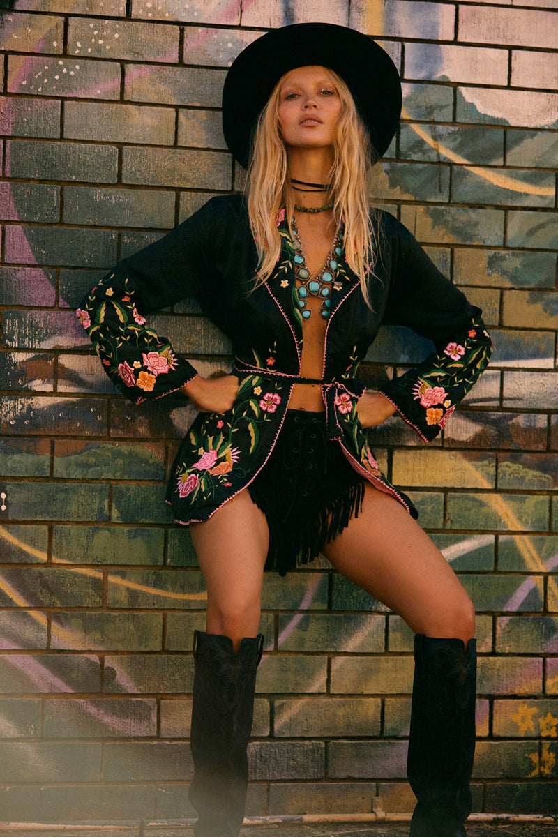 The Best Of My Love Silk + Embroidered Smoking Jacket - Black - Chasing Unicorns