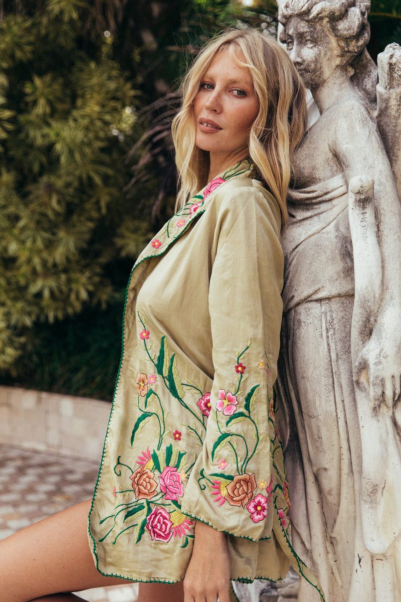 The Best Of My Love Silk + Embroidered Smoking Jacket - Sage - Chasing Unicorns