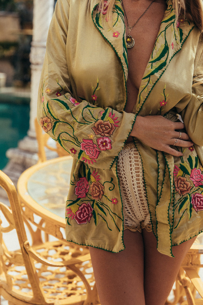 The Best Of My Love Silk + Embroidered Smoking Jacket - Sage - Chasing Unicorns