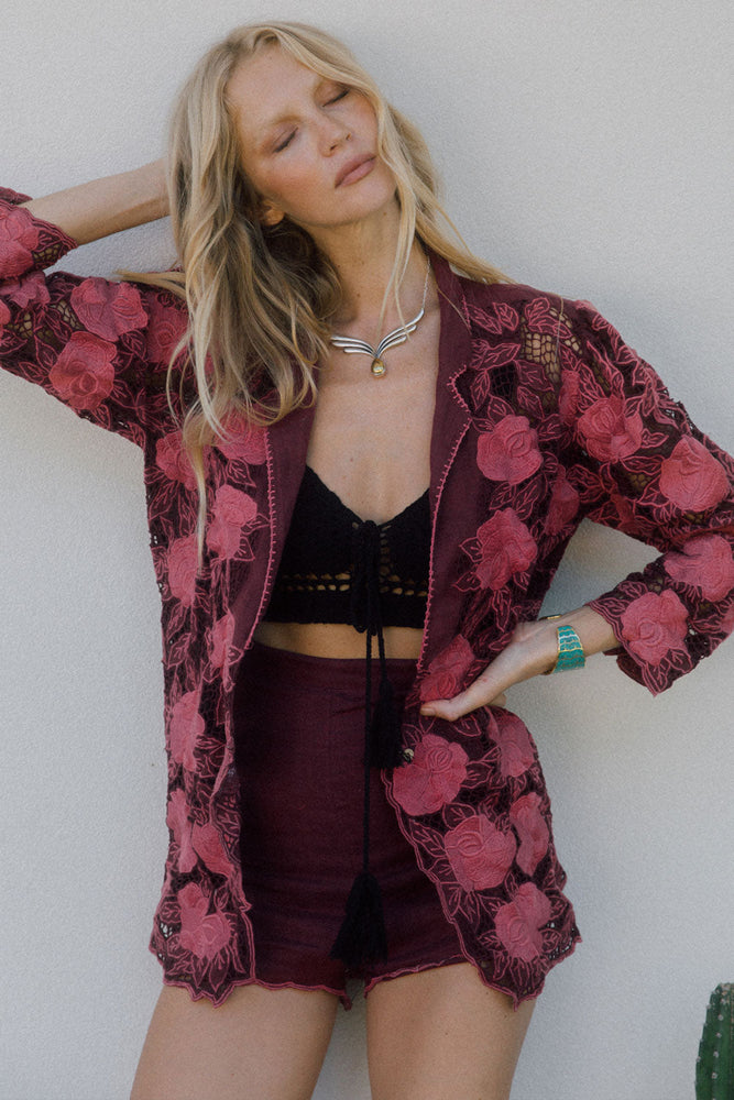 The Gambler Linen Cutwork Blazer - Red Wine