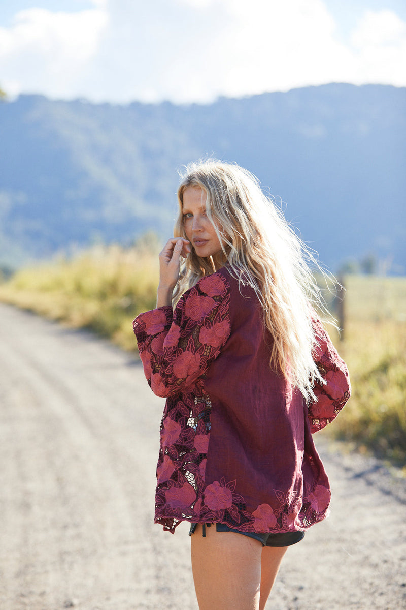 The Gambler Linen Cutwork Blazer - Red Wine - Chasing Unicorns