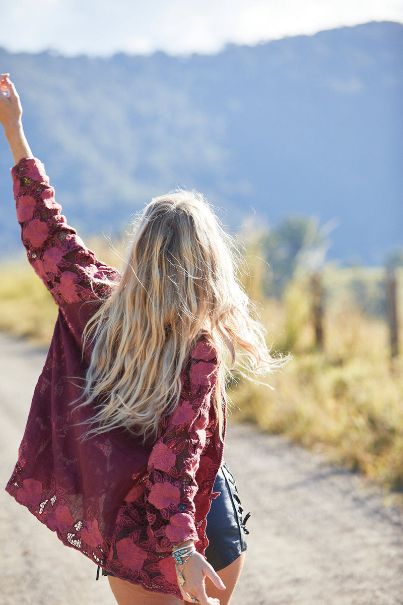 The Gambler Linen Cutwork Blazer - Red Wine - Chasing Unicorns