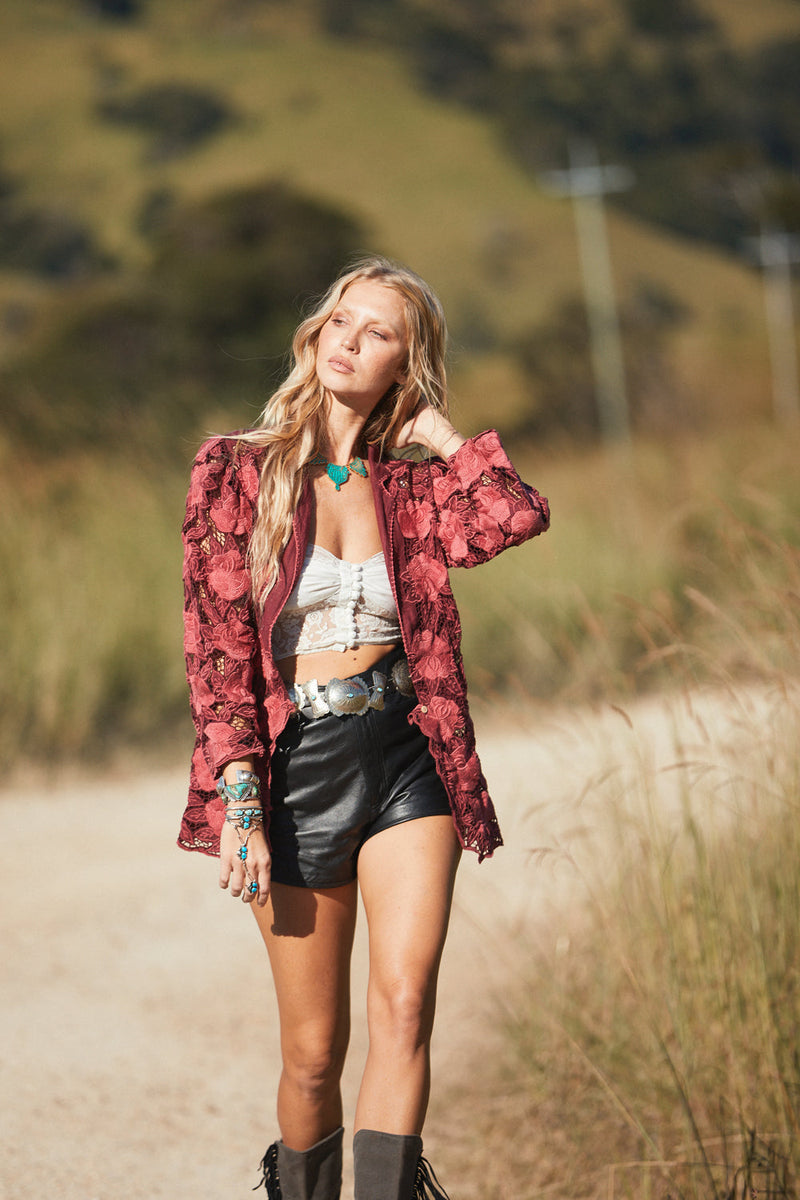 The Gambler Linen Cutwork Blazer - Red Wine - Chasing Unicorns