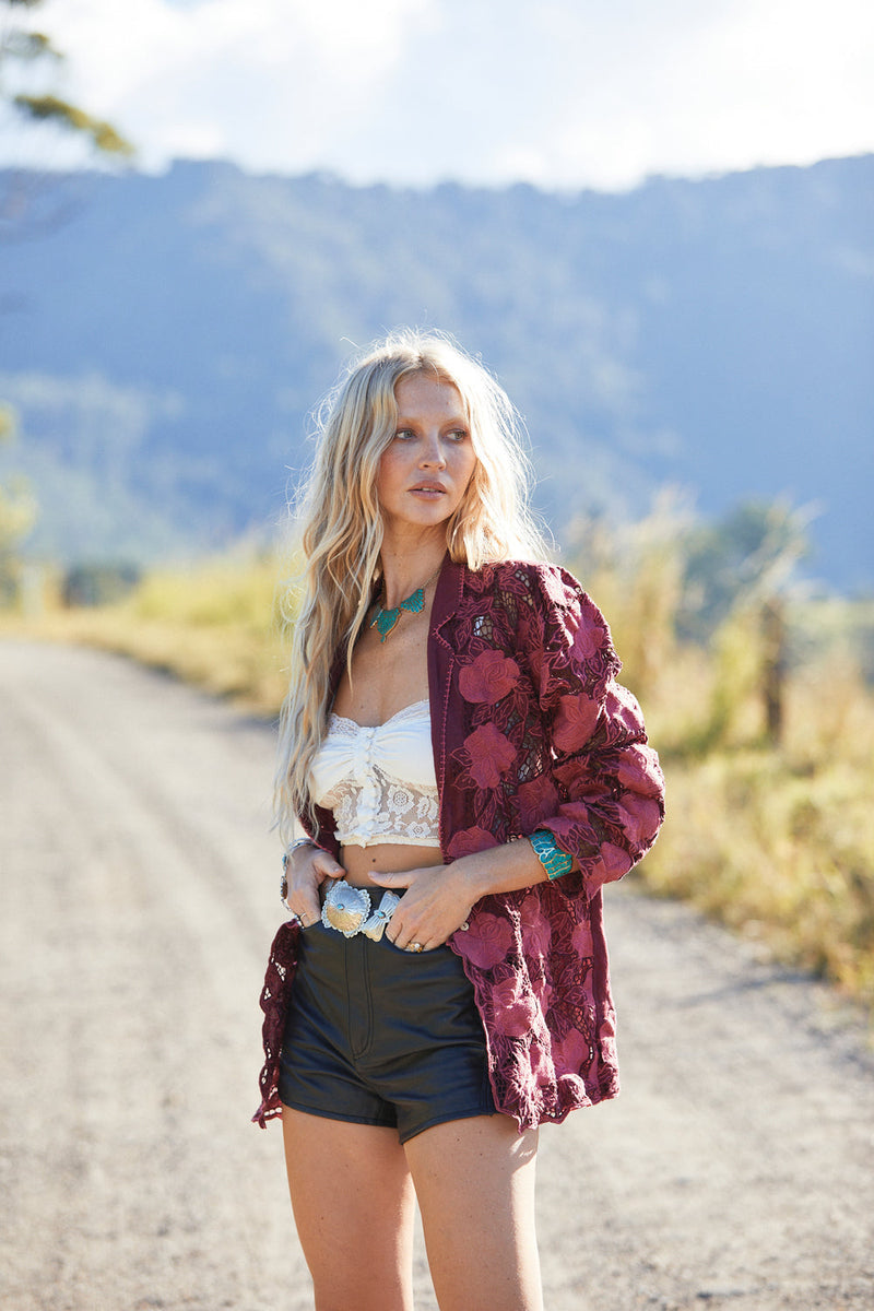 The Gambler Linen Cutwork Blazer - Red Wine - Chasing Unicorns
