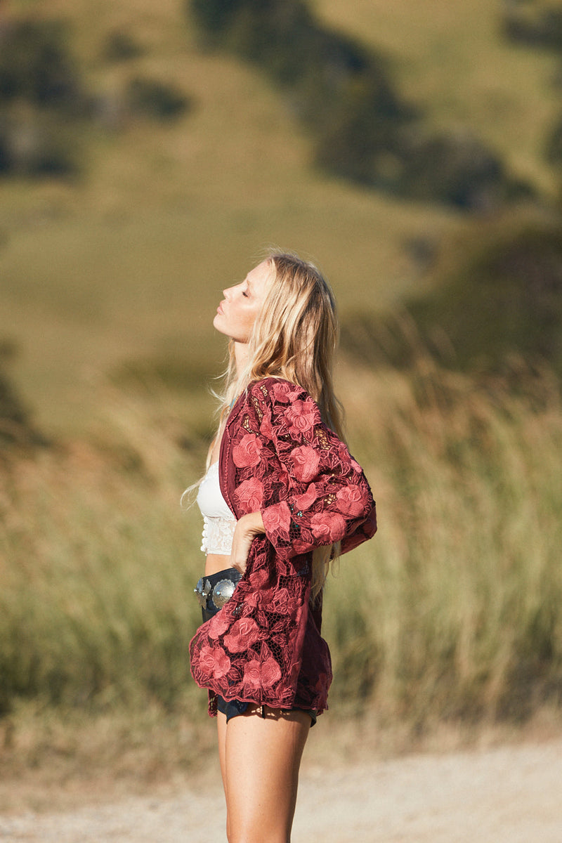 The Gambler Linen Cutwork Blazer - Red Wine - Chasing Unicorns