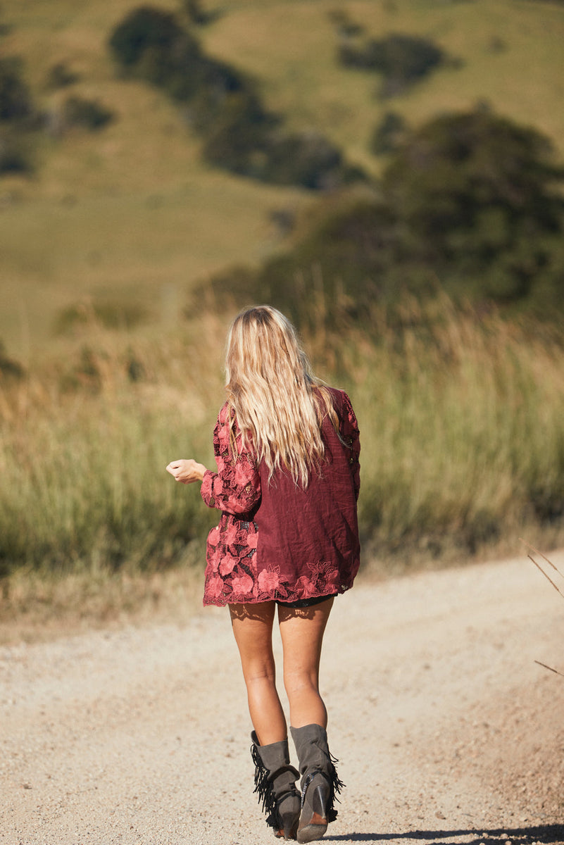 The Gambler Linen Cutwork Blazer - Red Wine - Chasing Unicorns