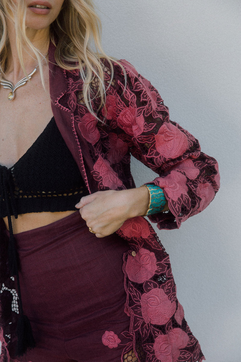 The Gambler Linen Cutwork Shorts - Red Wine - Chasing Unicorns