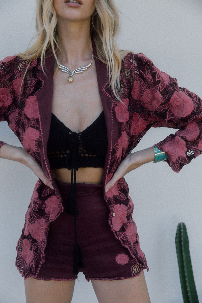 The Gambler Linen Cutwork Shorts - Red Wine - Chasing Unicorns