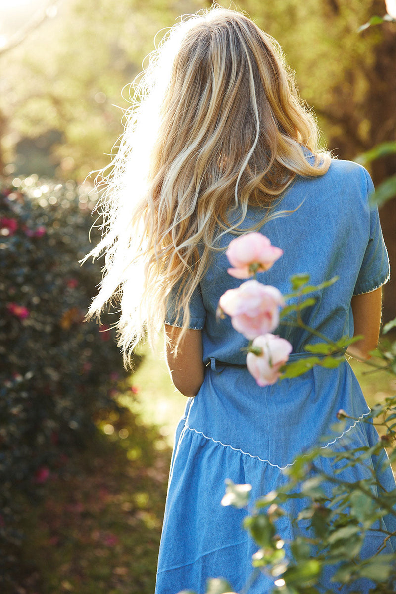 This Flight Tonight Chambray Embroidered Mini Dress - Chasing Unicorns