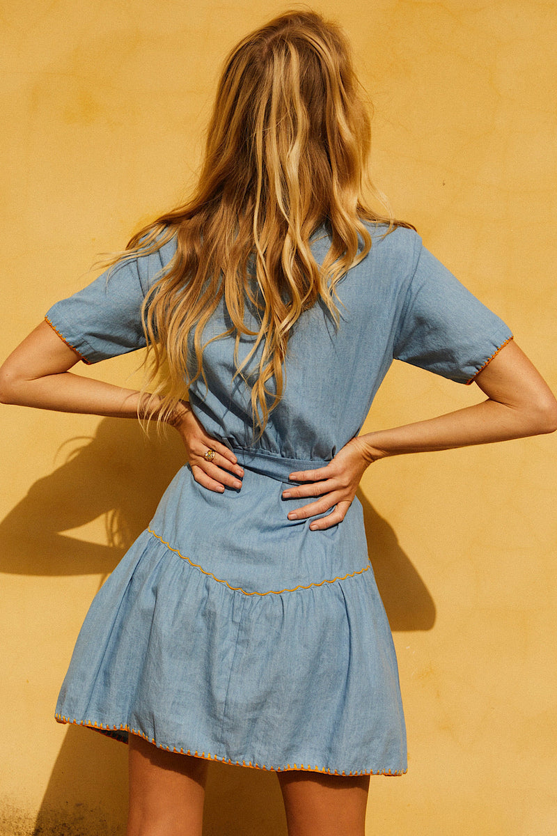 This Flight Tonight Chambray Embroidered Mini Dress - Nasturtium - Chasing Unicorns