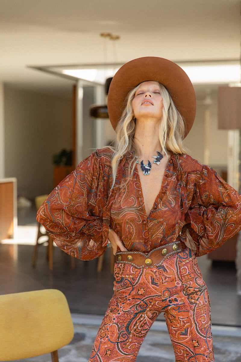 Till The Morning Comes Silk Blouse - Brown Paisley - Chasing Unicorns
