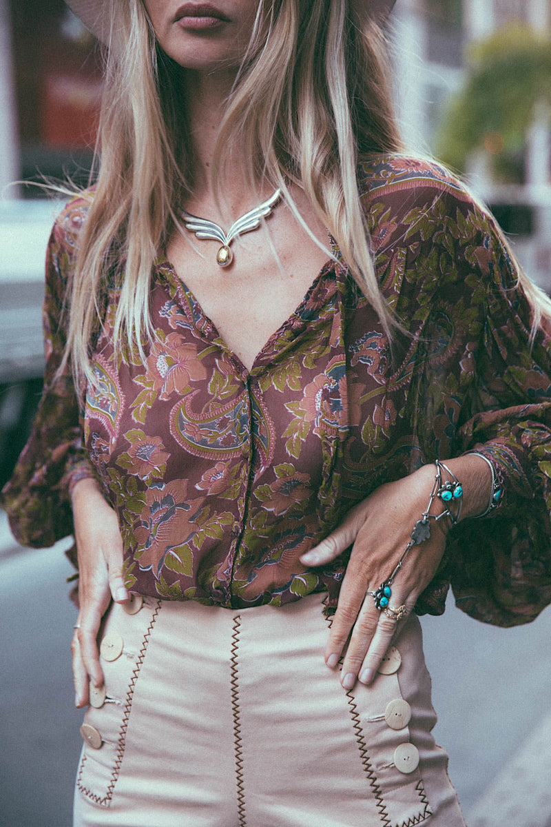 Till The Morning Comes Silk Blouse - Burgundy Paisley - Chasing Unicorns