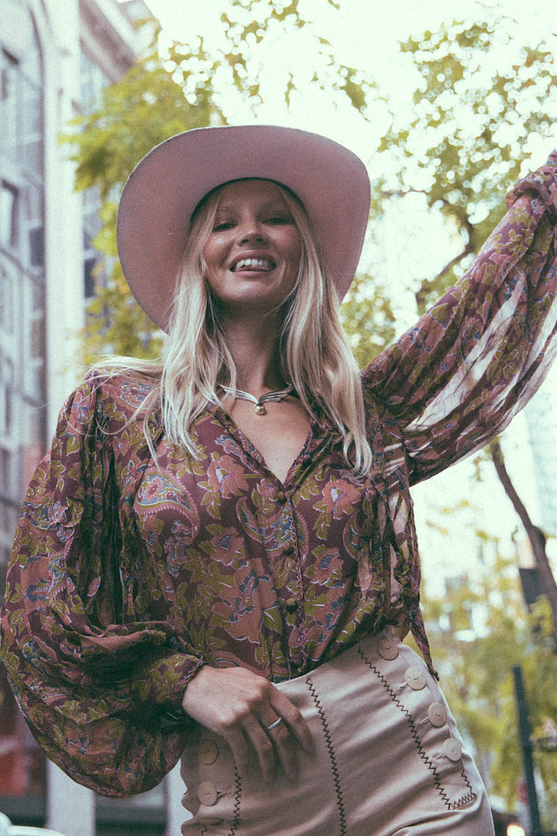 Till The Morning Comes Silk Blouse - Burgundy Paisley - Chasing Unicorns