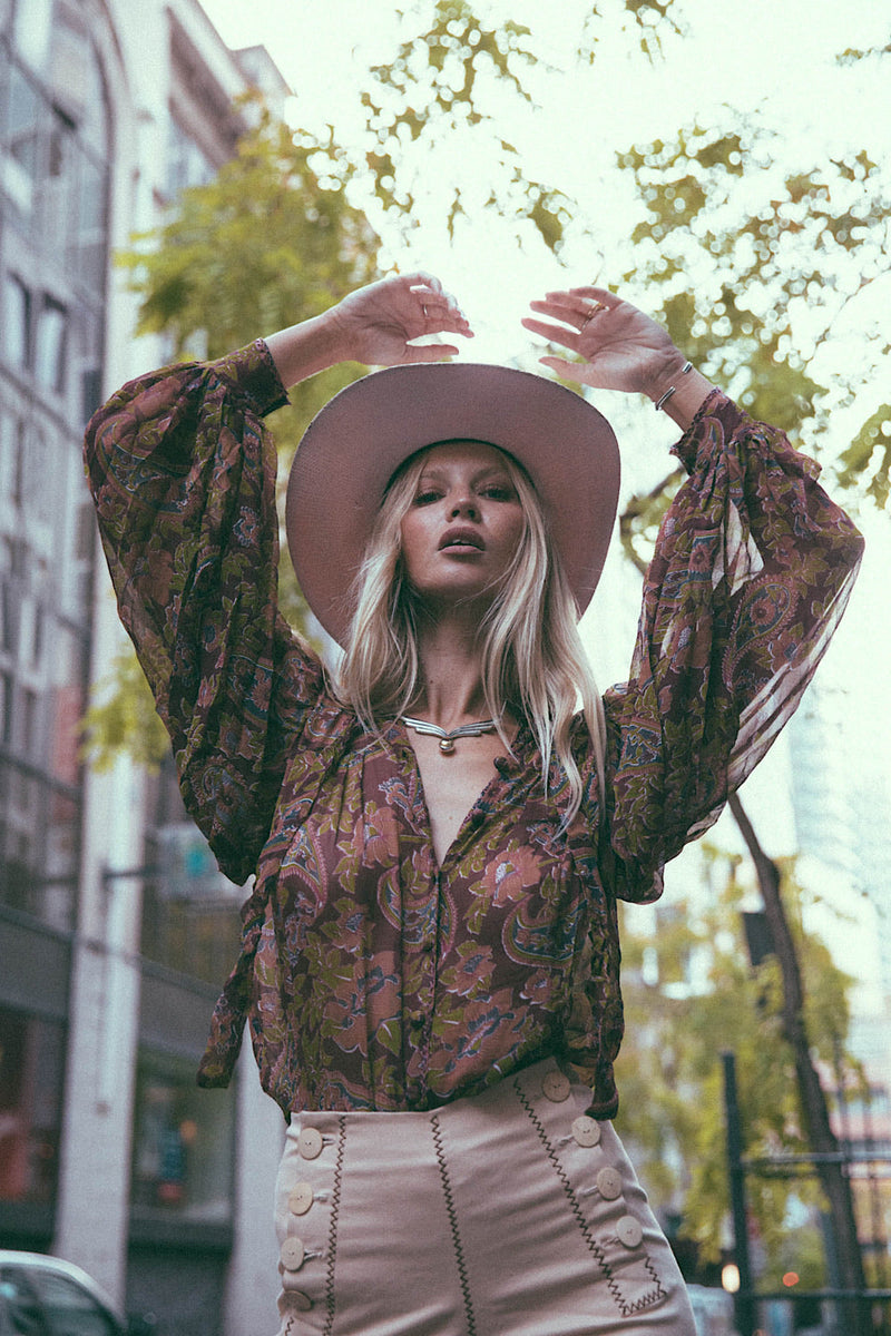 Till The Morning Comes Silk Blouse - Burgundy Paisley - Chasing Unicorns