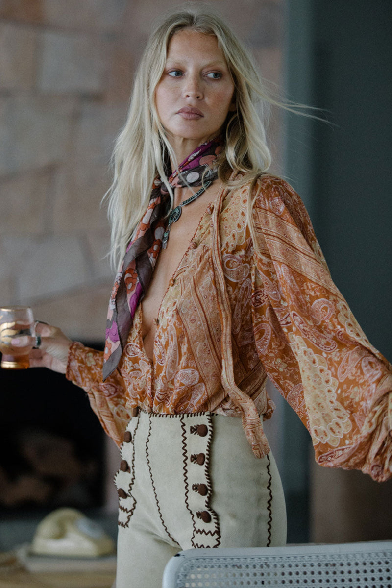 Till The Morning Comes Silk Blouse - Burnt Orange Paisley - Chasing Unicorns