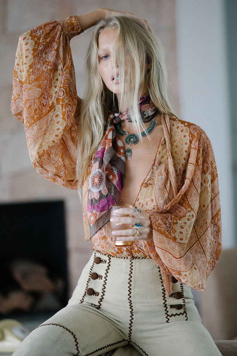 Till The Morning Comes Silk Blouse - Burnt Orange Paisley - Chasing Unicorns