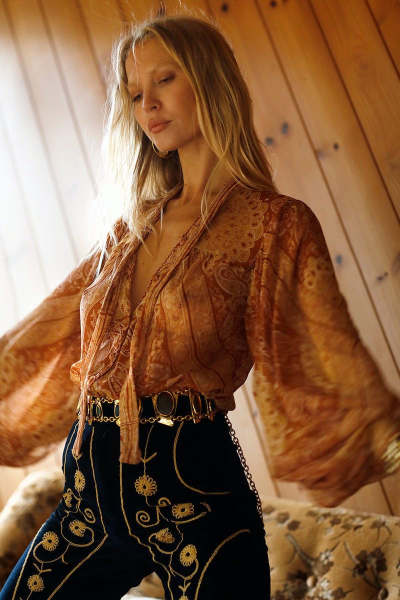 Till The Morning Comes Silk Blouse - Burnt Orange Paisley - Chasing Unicorns