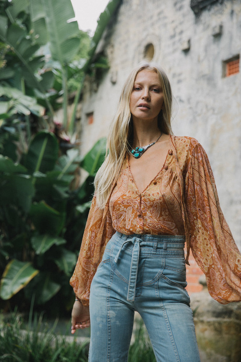 Till The Morning Comes Silk Blouse - Burnt Orange Paisley - Chasing Unicorns