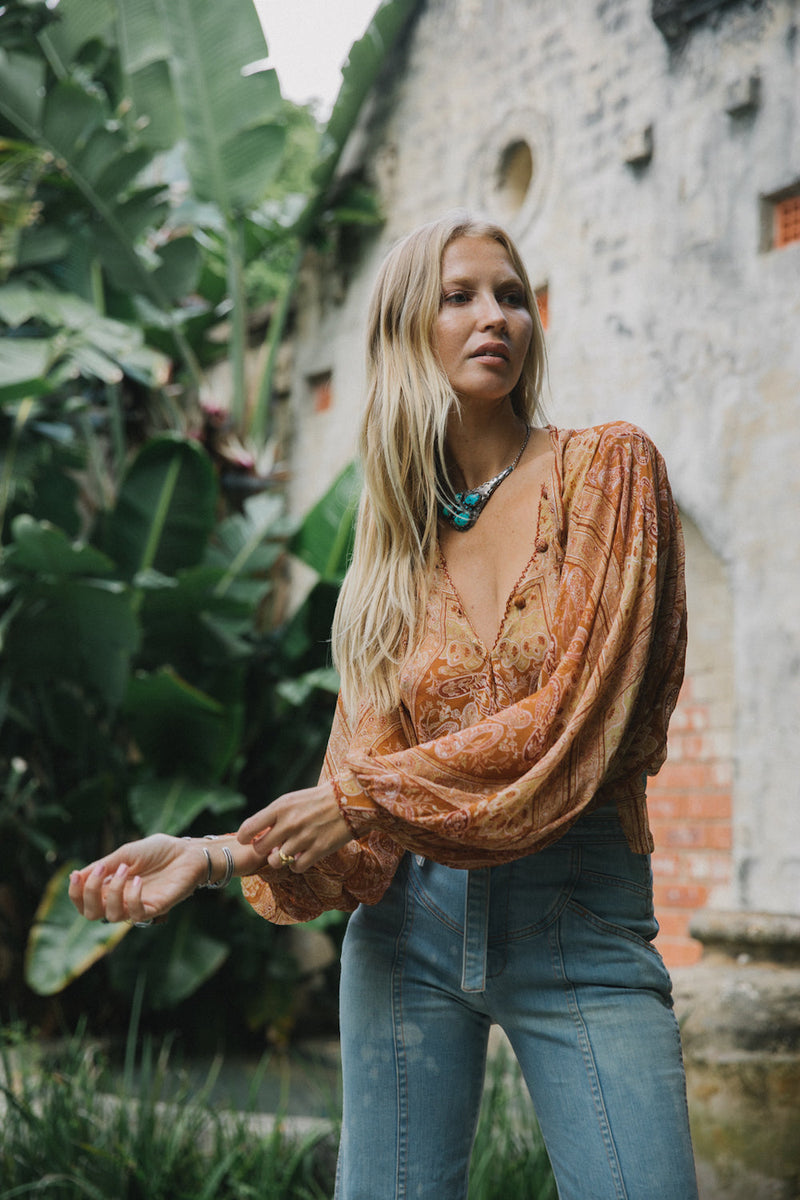 Till The Morning Comes Silk Blouse - Burnt Orange Paisley - Chasing Unicorns