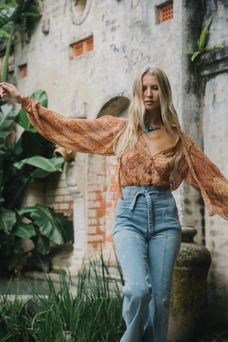Till The Morning Comes Silk Blouse - Burnt Orange Paisley - Chasing Unicorns