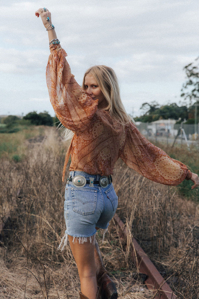 Till The Morning Comes Silk Blouse - Burnt Orange Paisley - Chasing Unicorns