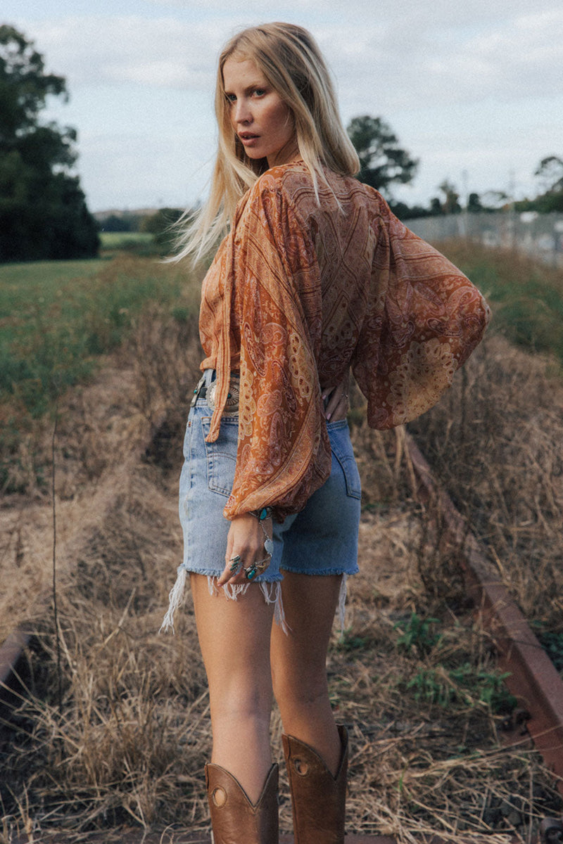 Till The Morning Comes Silk Blouse - Burnt Orange Paisley - Chasing Unicorns