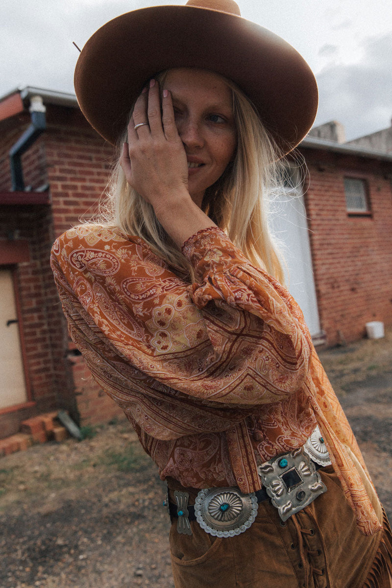 Till The Morning Comes Silk Blouse - Burnt Orange Paisley - Chasing Unicorns
