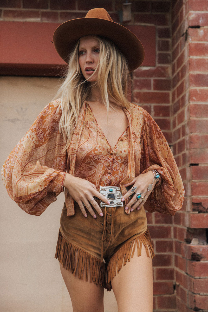 Till The Morning Comes Silk Blouse - Burnt Orange Paisley - Chasing Unicorns