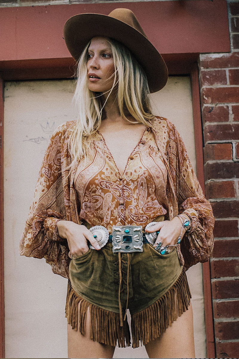 Till The Morning Comes Silk Blouse - Burnt Orange Paisley - Chasing Unicorns