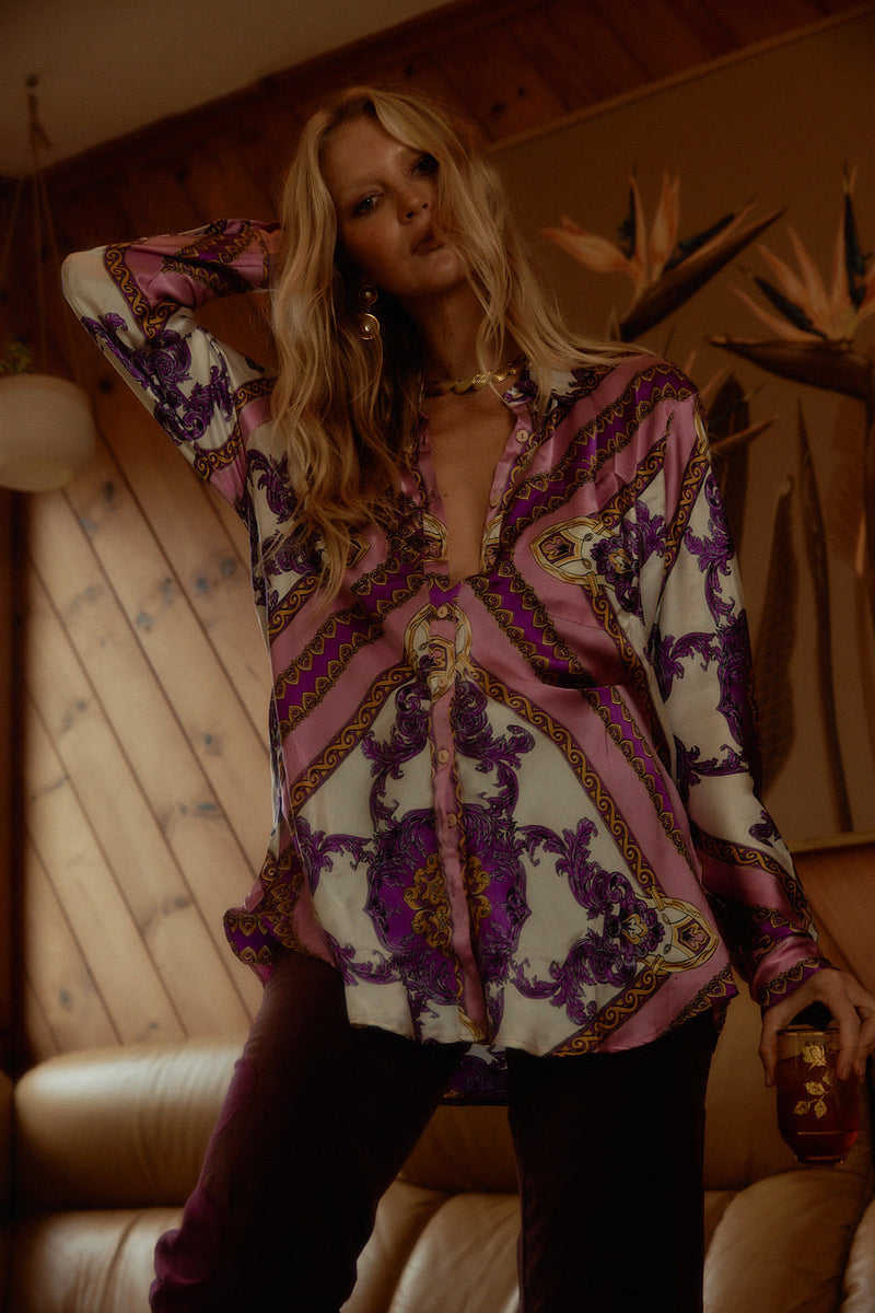 Under My Thumb Satin Oversized Shirt - Baroque Scarf - Chasing Unicorns
