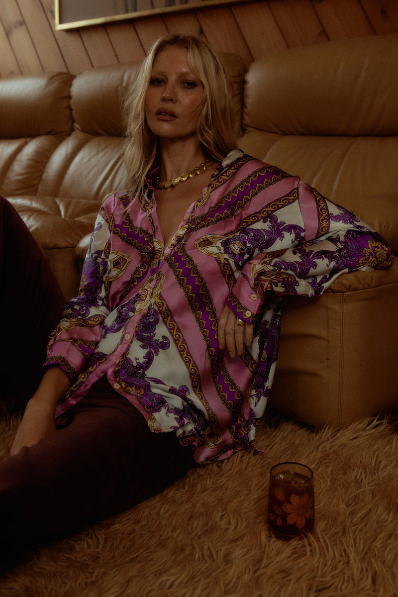 Under My Thumb Satin Oversized Shirt - Baroque Scarf - Chasing Unicorns