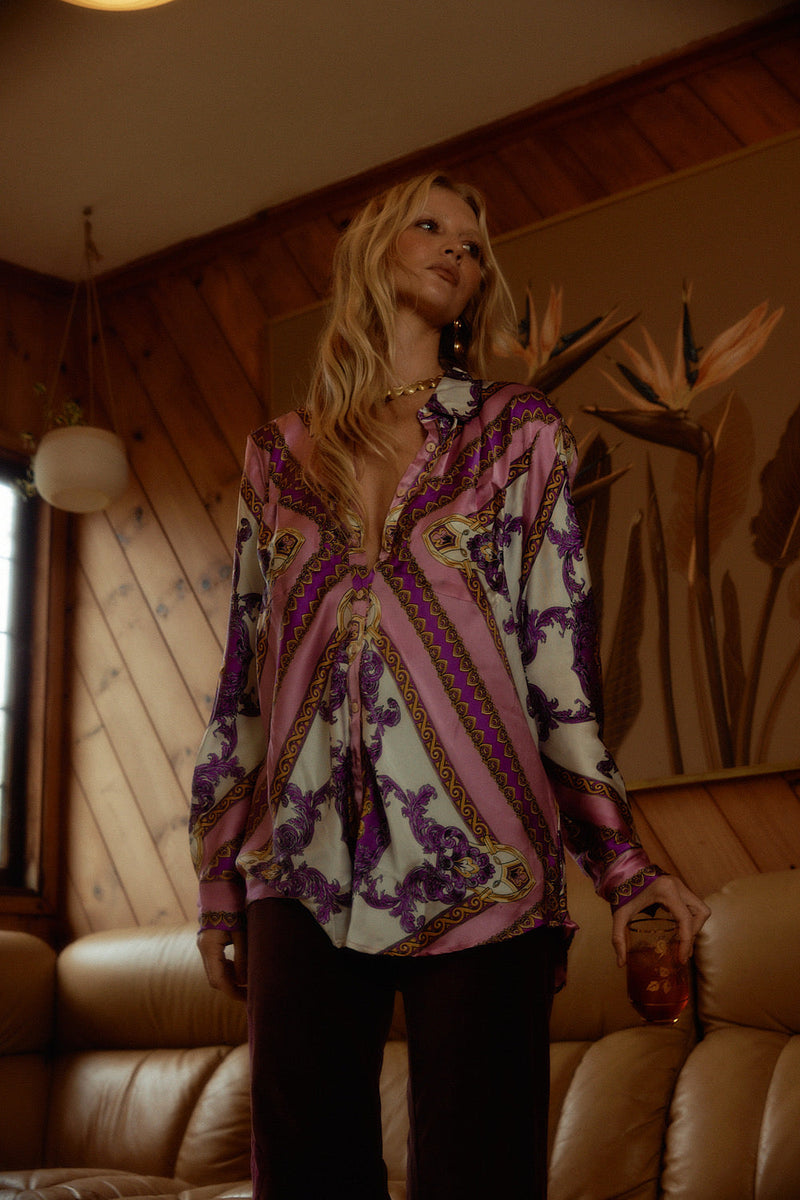 Under My Thumb Satin Oversized Shirt - Baroque Scarf - Chasing Unicorns