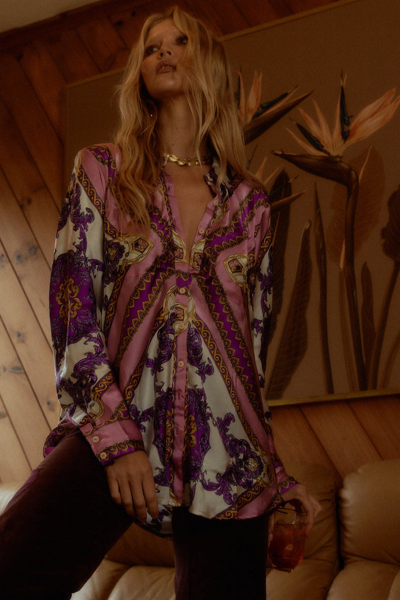 Under My Thumb Satin Oversized Shirt - Baroque Scarf - Chasing Unicorns