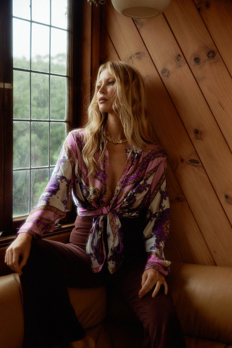 Under My Thumb Satin Oversized Shirt - Baroque Scarf - Chasing Unicorns