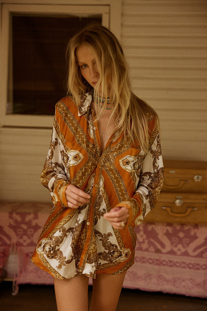 Under My Thumb Satin Oversized Shirt - Tawny - Chasing Unicorns