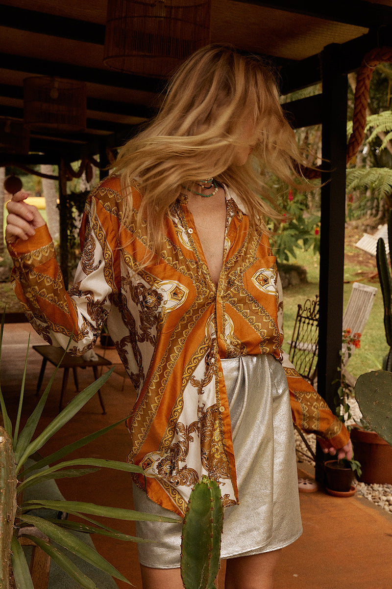 Under My Thumb Satin Oversized Shirt - Tawny - Chasing Unicorns
