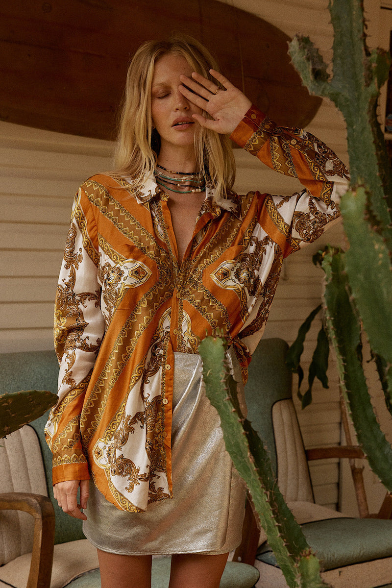 Under My Thumb Satin Oversized Shirt - Tawny - Chasing Unicorns