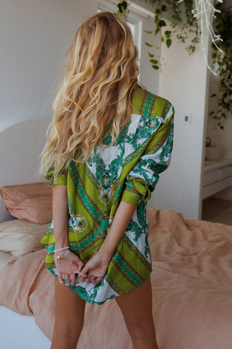 Under My Thumb Satin Oversized Shirt - Verdant - Chasing Unicorns