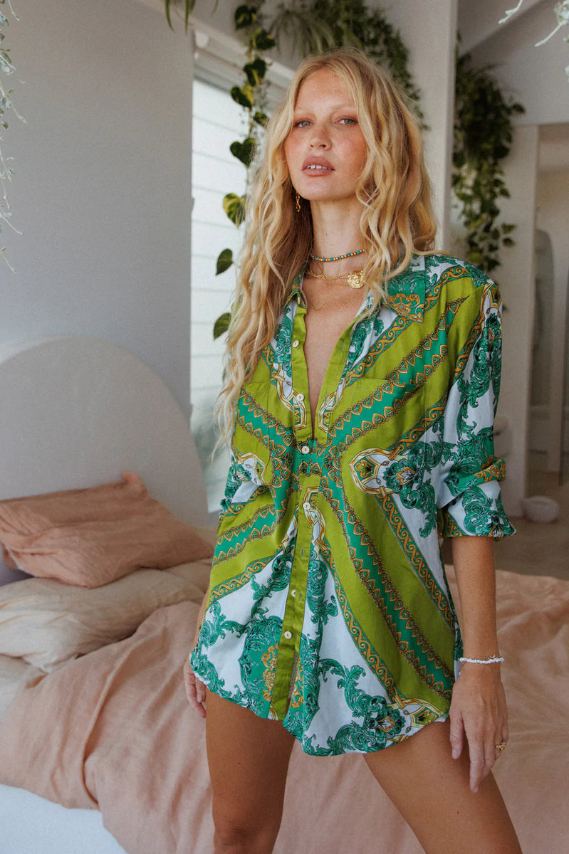 Under My Thumb Satin Oversized Shirt - Verdant - Chasing Unicorns