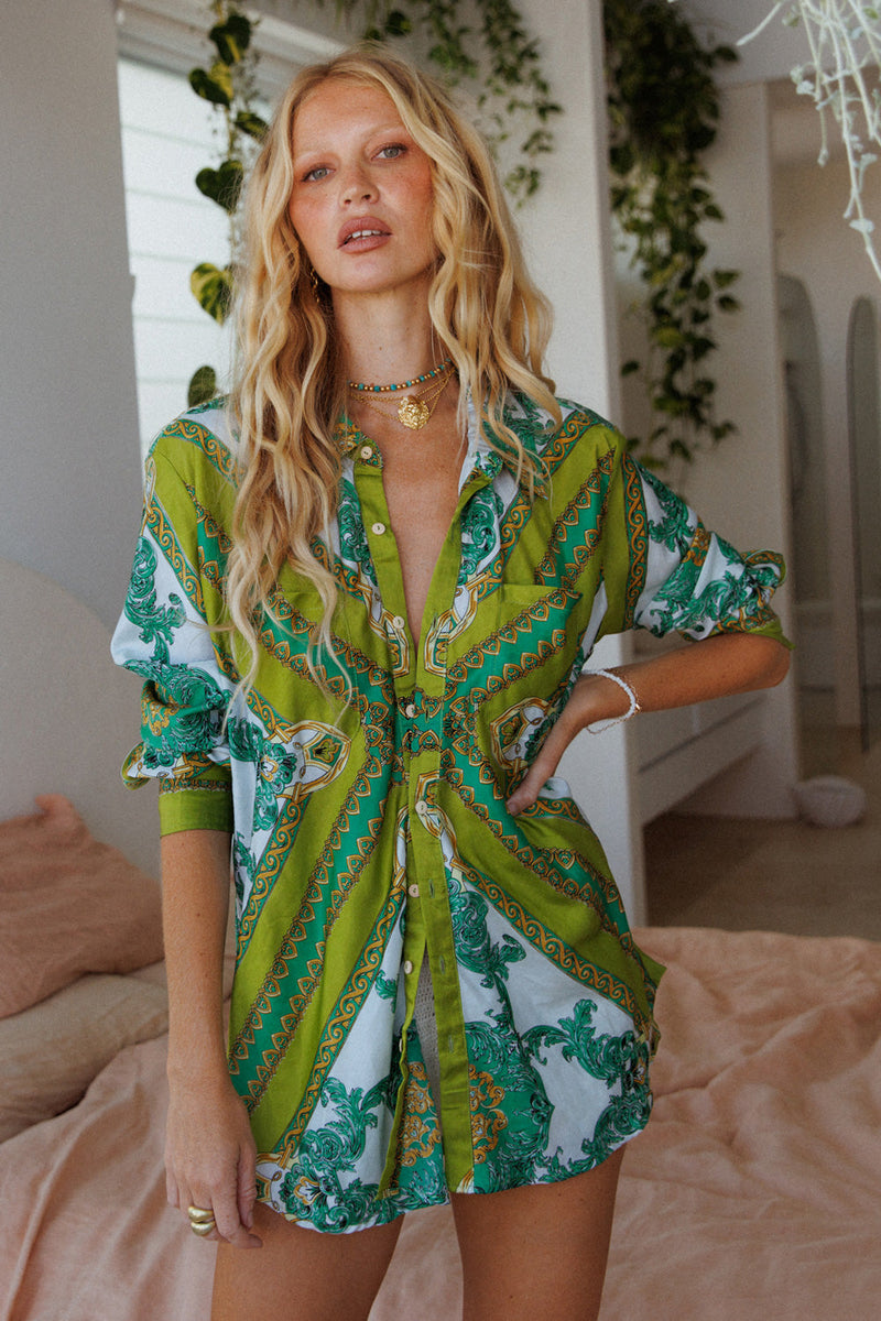 Under My Thumb Satin Oversized Shirt - Verdant - Chasing Unicorns