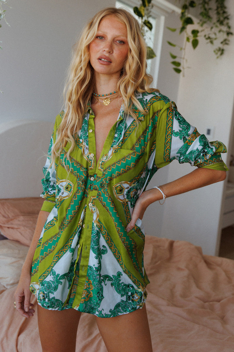 Under My Thumb Satin Oversized Shirt - Verdant - Chasing Unicorns