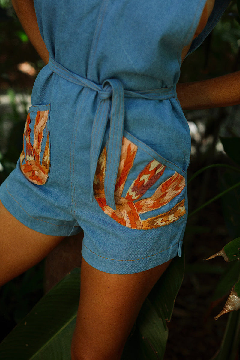 Waiting For The Sun Hand Embroidered Denim Short Overalls - Chasing Unicorns