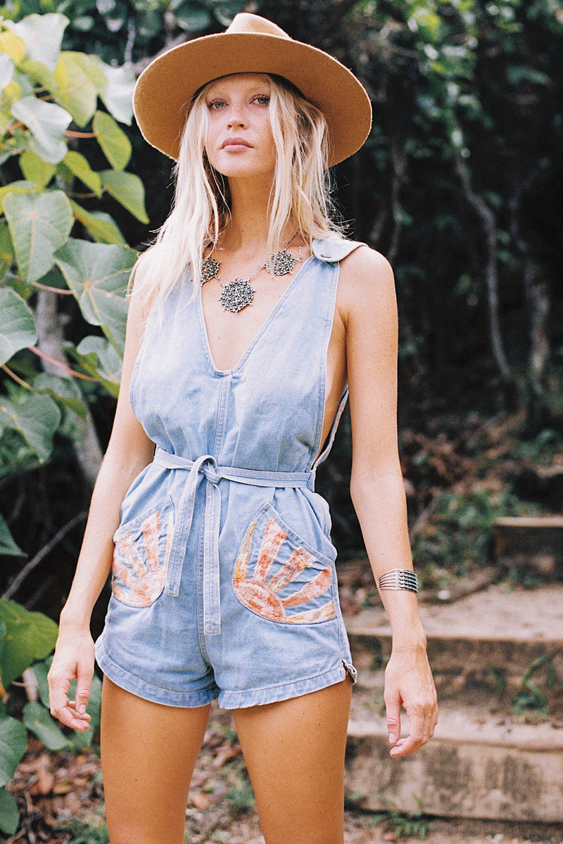 Waiting For The Sun Hand Embroidered Denim Short Overalls - Chasing Unicorns