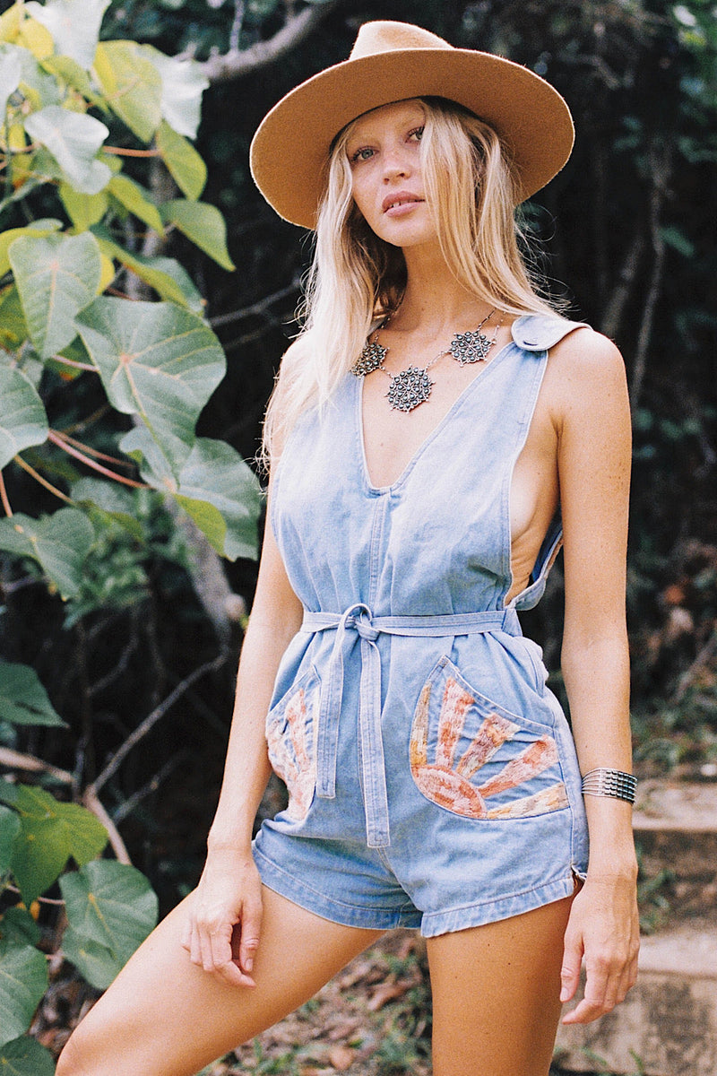 Waiting For The Sun Hand Embroidered Denim Short Overalls - Chasing Unicorns