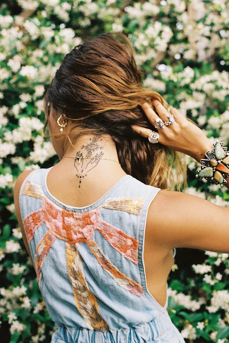 Waiting For The Sun Hand Embroidered Denim Short Overalls - Chasing Unicorns