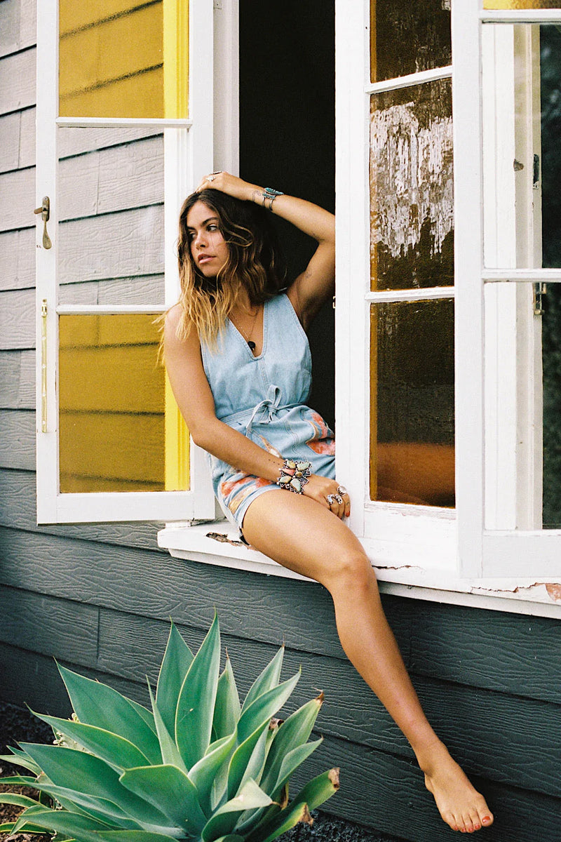 Waiting For The Sun Hand Embroidered Denim Short Overalls - Chasing Unicorns