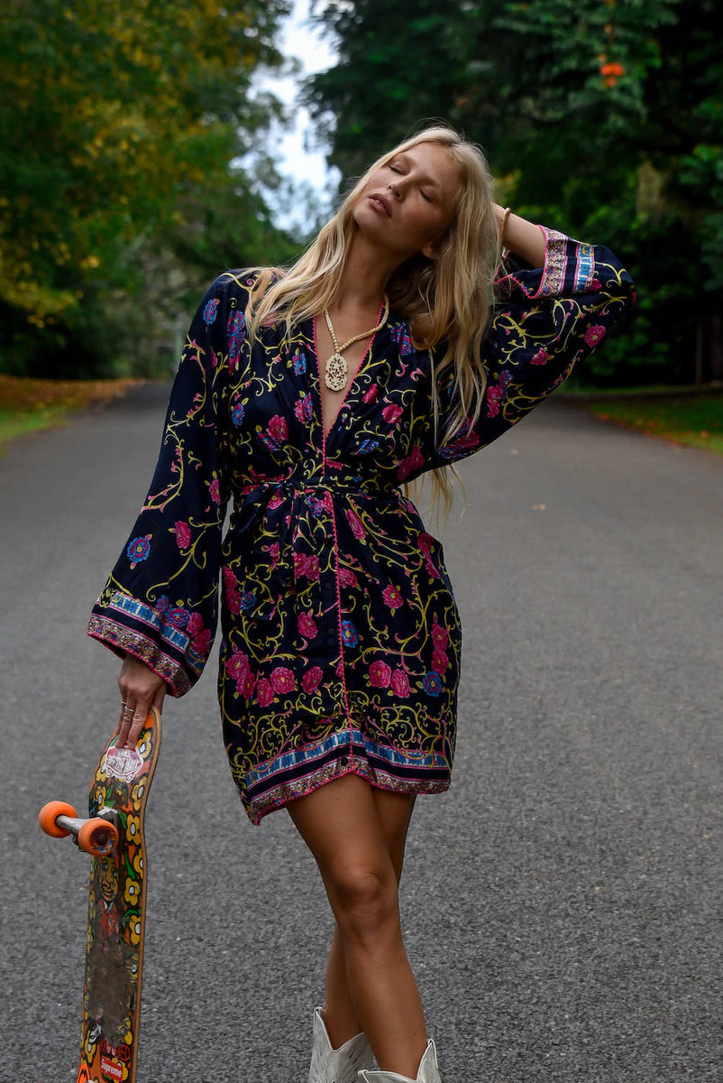 Waiting For The Thunder Silk Satin Kimono Sleeve Mini Dress - Baroque Floral - Chasing Unicorns