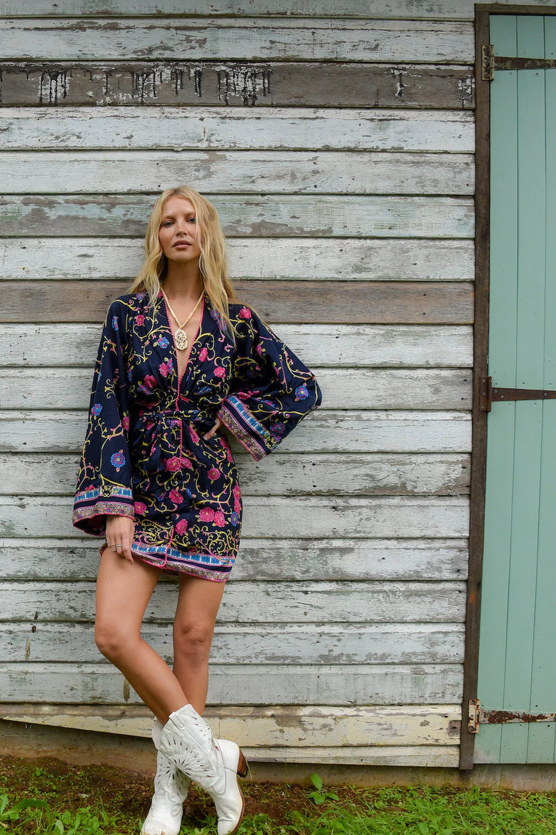 Waiting For The Thunder Silk Satin Kimono Sleeve Mini Dress - Baroque Floral - Chasing Unicorns