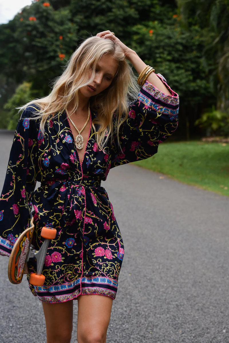 Waiting For The Thunder Silk Satin Kimono Sleeve Mini Dress - Baroque Floral - Chasing Unicorns